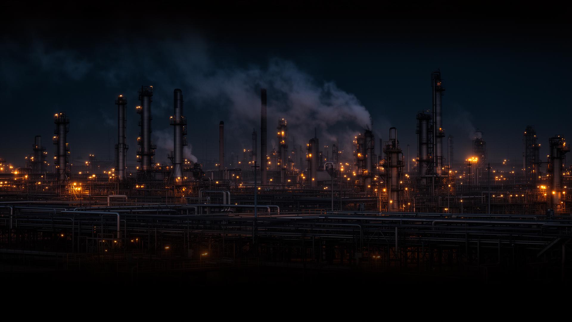 Refinery skyline at night with glowing safety lights and intricate pipe networks